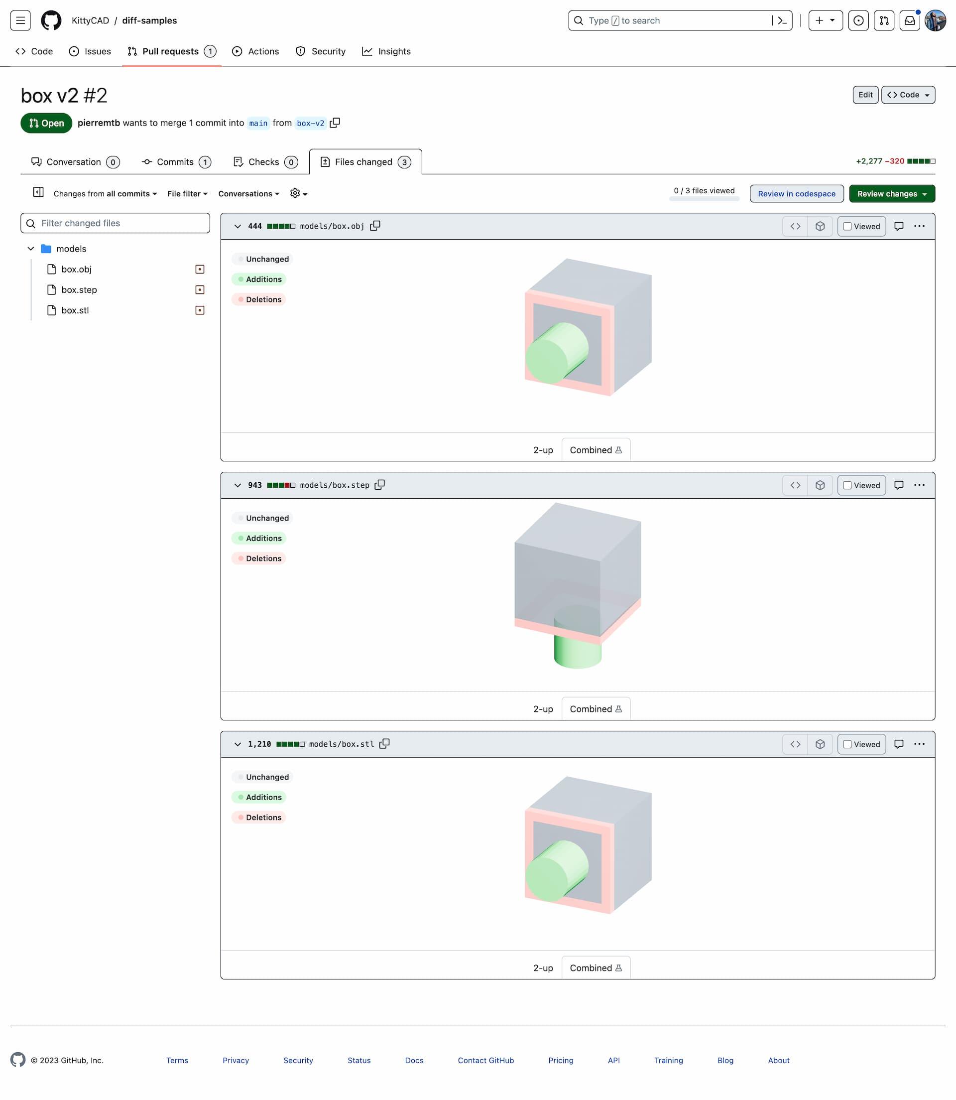 combined view of Diff Viewer on an example GitHub pull request